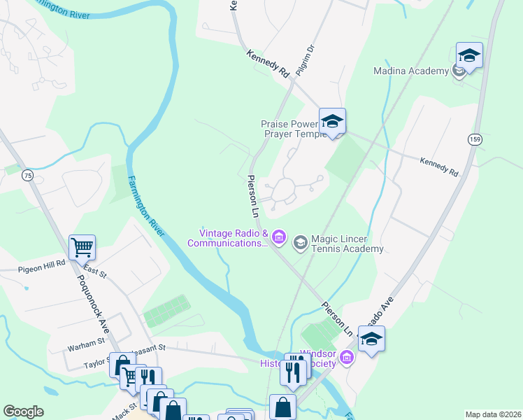 map of restaurants, bars, coffee shops, grocery stores, and more near 100 Chandler in Windsor