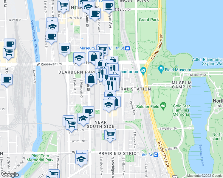 map of restaurants, bars, coffee shops, grocery stores, and more near 1325 South Michigan Avenue in Chicago