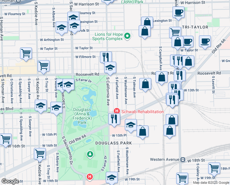 map of restaurants, bars, coffee shops, grocery stores, and more near 1253 South Fairfield Avenue in Chicago