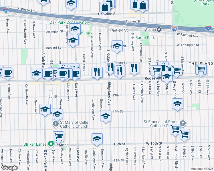 map of restaurants, bars, coffee shops, grocery stores, and more near 6405 Roosevelt Road in Berwyn