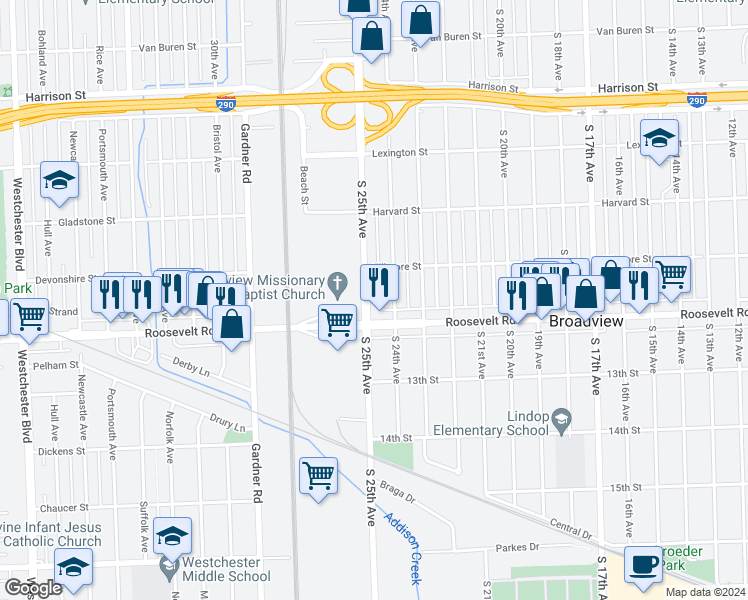 map of restaurants, bars, coffee shops, grocery stores, and more near 2113 South 25th Avenue in Broadview