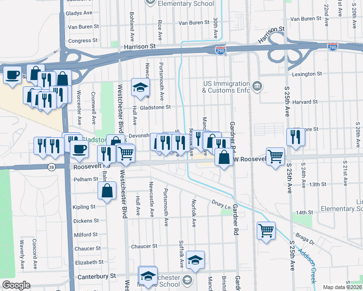 map of restaurants, bars, coffee shops, grocery stores, and more near 1110 Suffolk Avenue in Westchester