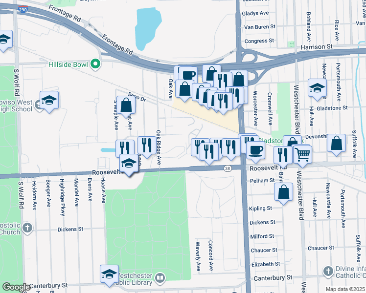 map of restaurants, bars, coffee shops, grocery stores, and more near 4207 Edgewater Avenue in Hillside