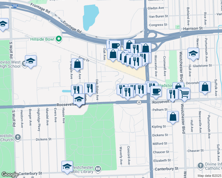 map of restaurants, bars, coffee shops, grocery stores, and more near 4207 Edgewater Avenue in Hillside
