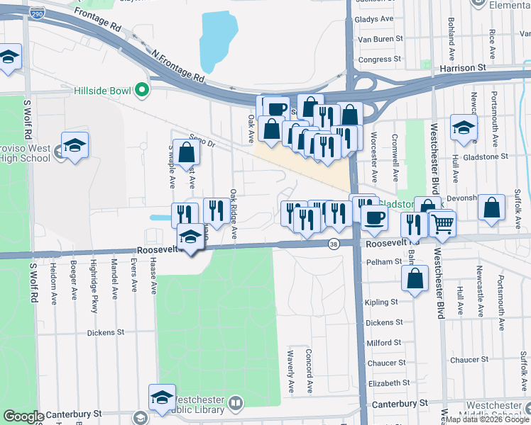 map of restaurants, bars, coffee shops, grocery stores, and more near 4207 Edgewater Avenue in Hillside