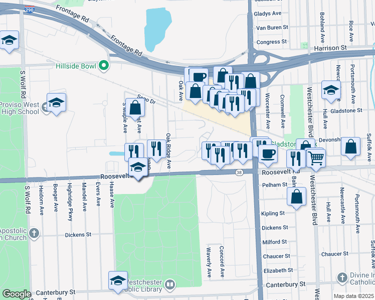 map of restaurants, bars, coffee shops, grocery stores, and more near 4207 Edgewater Avenue in Hillside