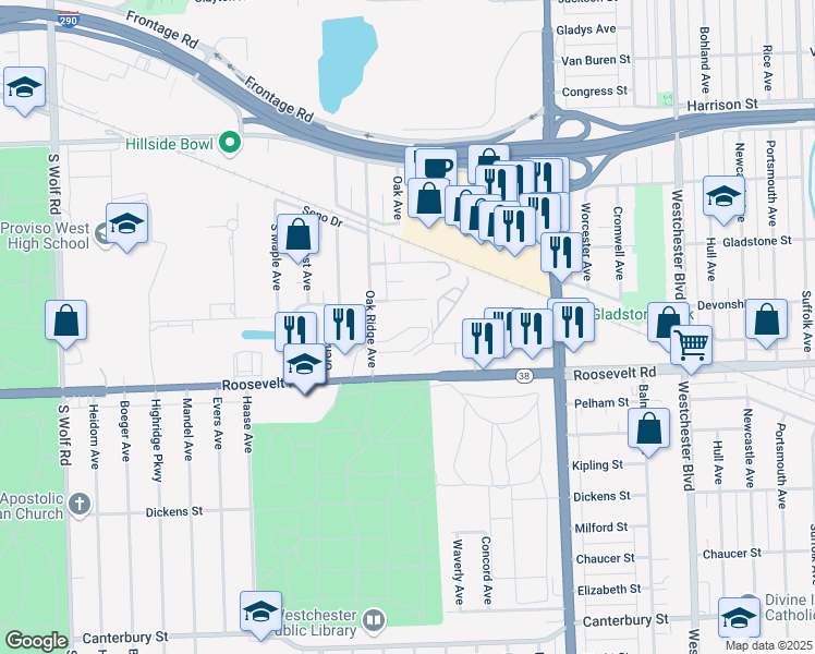 map of restaurants, bars, coffee shops, grocery stores, and more near 4207 Edgewater Avenue in Hillside