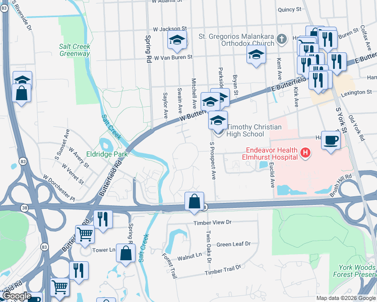 map of restaurants, bars, coffee shops, grocery stores, and more near 3 Elm Creek Court in Elmhurst