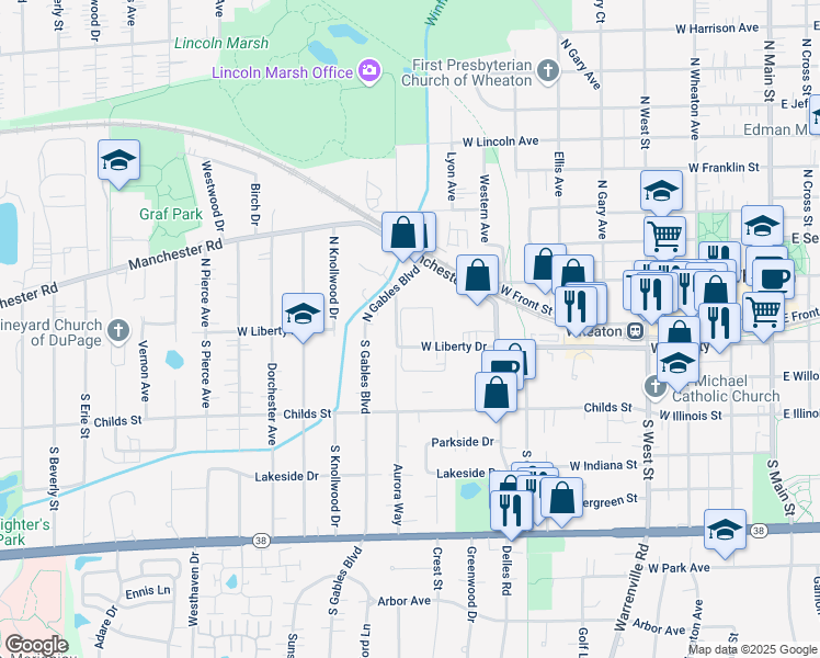 map of restaurants, bars, coffee shops, grocery stores, and more near 927 West Liberty Drive in Wheaton