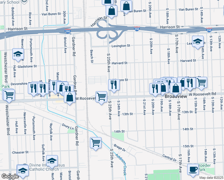 map of restaurants, bars, coffee shops, grocery stores, and more near 2121 South 25th Avenue in Broadview