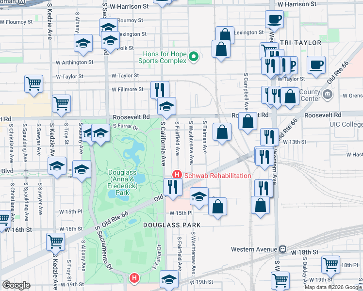 map of restaurants, bars, coffee shops, grocery stores, and more near 1253 South Fairfield Avenue in Chicago