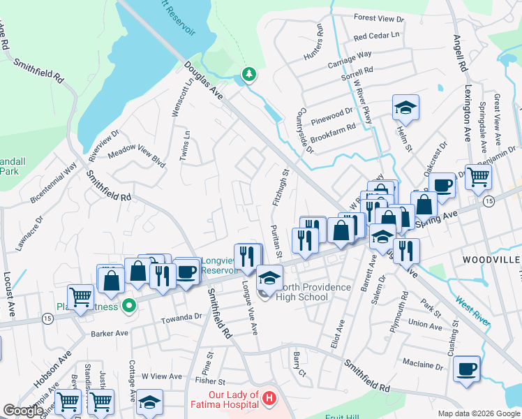 map of restaurants, bars, coffee shops, grocery stores, and more near 53 Hawthorne Street in North Providence