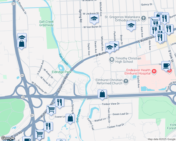 map of restaurants, bars, coffee shops, grocery stores, and more near 300 West Butterfield Road in Elmhurst