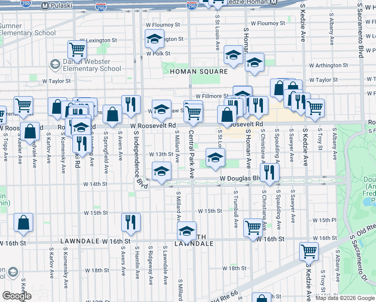 map of restaurants, bars, coffee shops, grocery stores, and more near 1254 South Central Park Avenue in Chicago