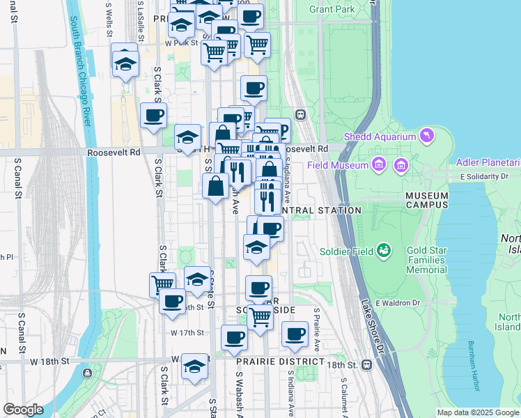 map of restaurants, bars, coffee shops, grocery stores, and more near 1338 South Michigan Avenue in Chicago