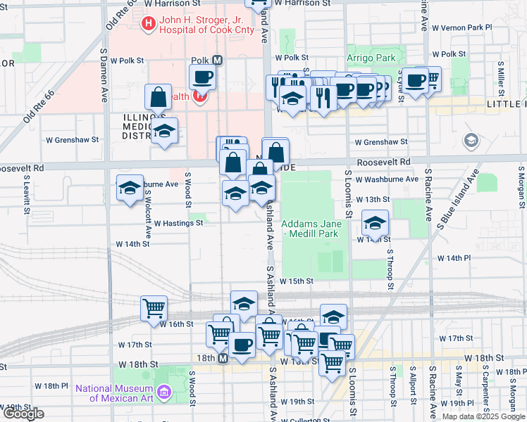 map of restaurants, bars, coffee shops, grocery stores, and more near 1301 South Ashland Avenue in Chicago