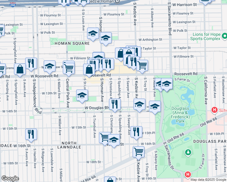 map of restaurants, bars, coffee shops, grocery stores, and more near 1244 South Christiana Avenue in Chicago