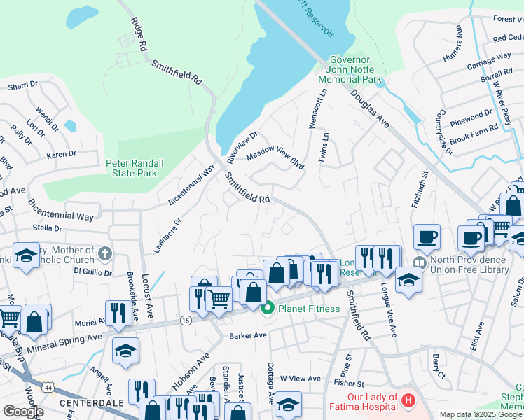map of restaurants, bars, coffee shops, grocery stores, and more near 1202 Saint James Court in North Providence
