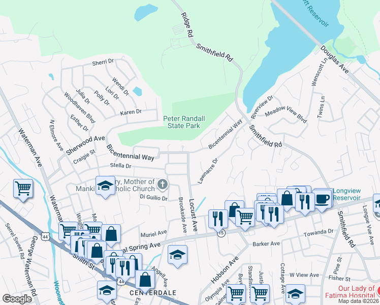 map of restaurants, bars, coffee shops, grocery stores, and more near 8 Century Circle in North Providence