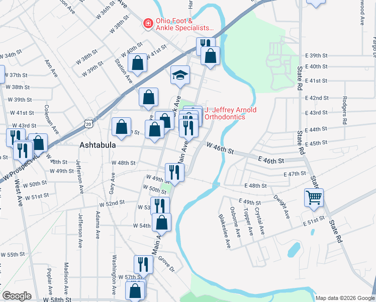 map of restaurants, bars, coffee shops, grocery stores, and more near 4633 Main Avenue in Ashtabula