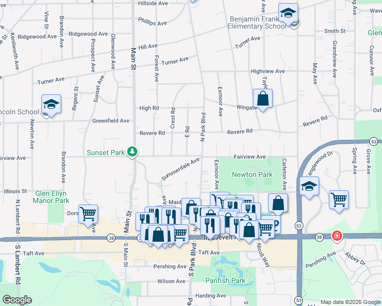 map of restaurants, bars, coffee shops, grocery stores, and more near 151 East Road in Glen Ellyn