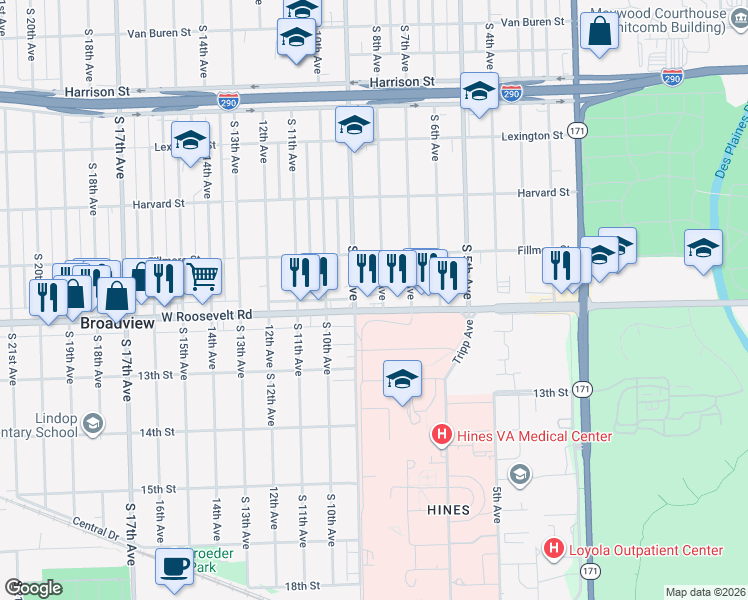 map of restaurants, bars, coffee shops, grocery stores, and more near 2125 South 9th Avenue in Maywood