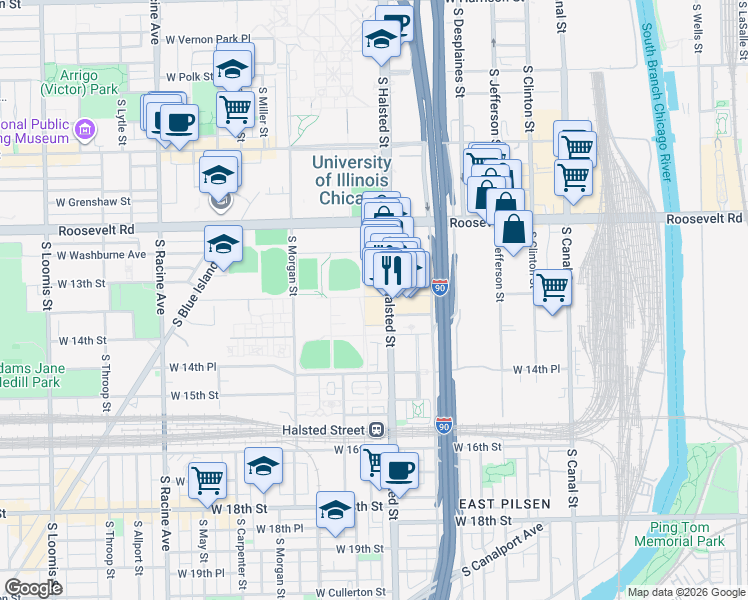 map of restaurants, bars, coffee shops, grocery stores, and more near 811 West Maxwell Street in Chicago