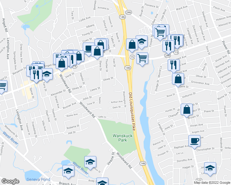 map of restaurants, bars, coffee shops, grocery stores, and more near 9 Tingley Lane in North Providence