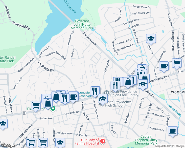 map of restaurants, bars, coffee shops, grocery stores, and more near 22 Primrose Lane in North Providence