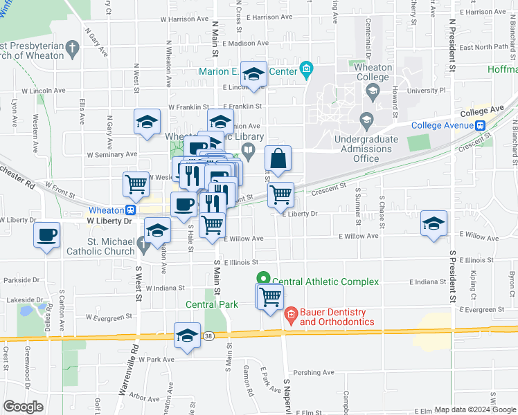 map of restaurants, bars, coffee shops, grocery stores, and more near 195 Reber Street in Wheaton