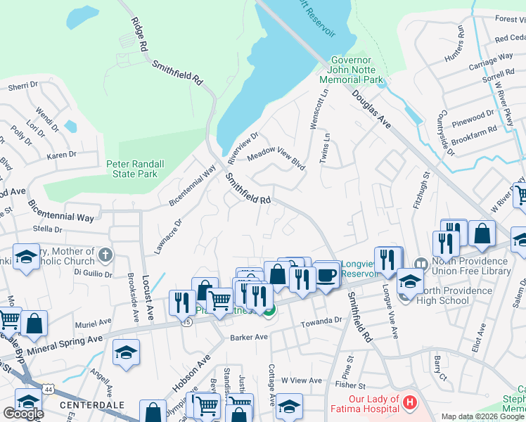 map of restaurants, bars, coffee shops, grocery stores, and more near 612 Smithfield Road in North Providence