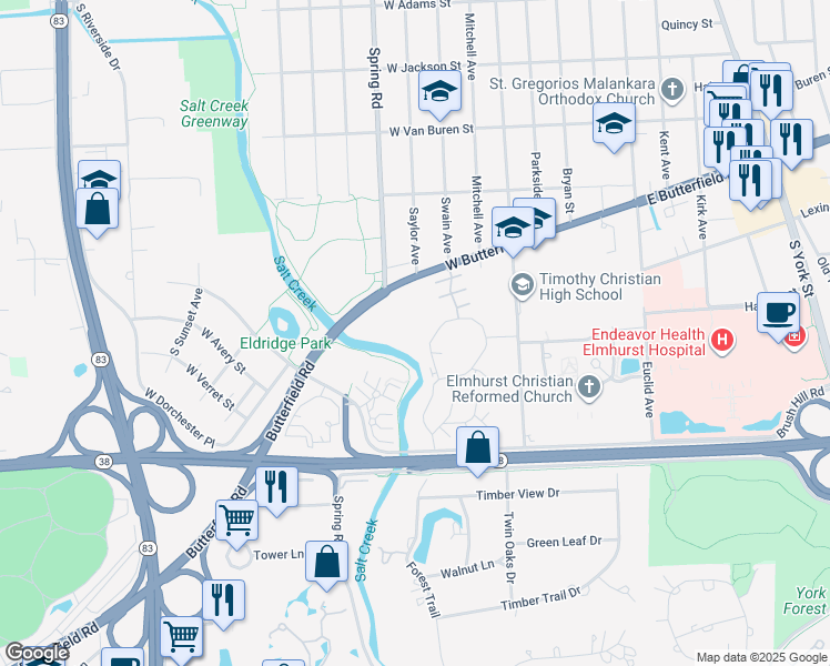 map of restaurants, bars, coffee shops, grocery stores, and more near 300 W Butterfield Rd in Elmhurst