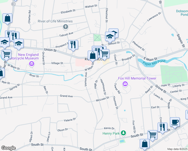 map of restaurants, bars, coffee shops, grocery stores, and more near 114 Brooklyn Street in Vernon