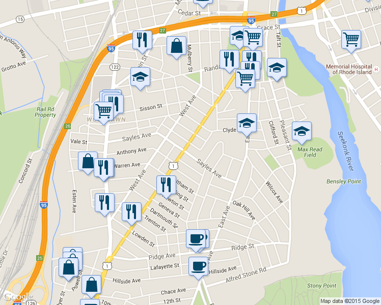 map of restaurants, bars, coffee shops, grocery stores, and more near 377 Pawtucket Avenue in Pawtucket
