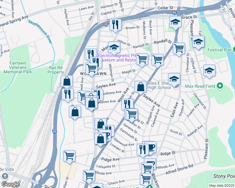 map of restaurants, bars, coffee shops, grocery stores, and more near 47 Anthony Avenue in Pawtucket