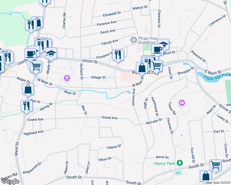 map of restaurants, bars, coffee shops, grocery stores, and more near 121 West Main Street in Vernon