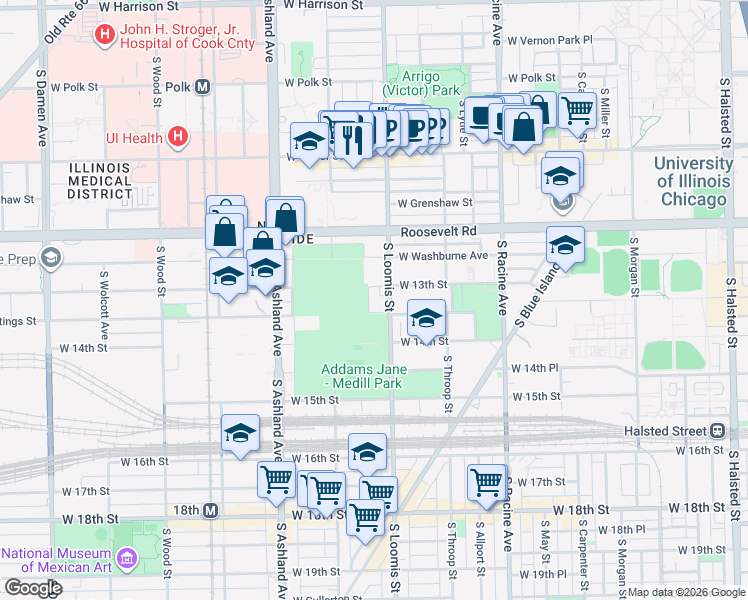map of restaurants, bars, coffee shops, grocery stores, and more near 1307 South Loomis Street in Chicago