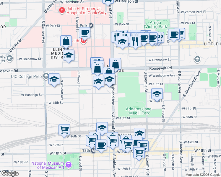 map of restaurants, bars, coffee shops, grocery stores, and more near 1301 South Ashland Avenue in Chicago