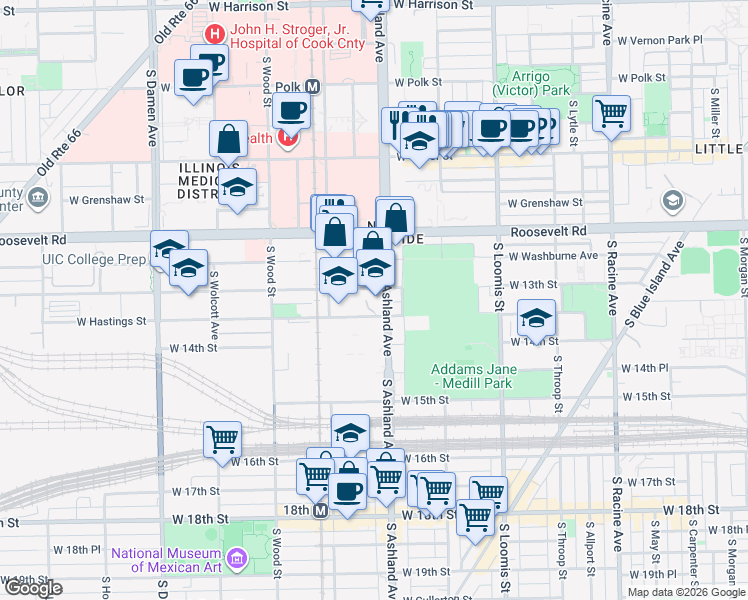 map of restaurants, bars, coffee shops, grocery stores, and more near 1636 West 13th Street in Chicago