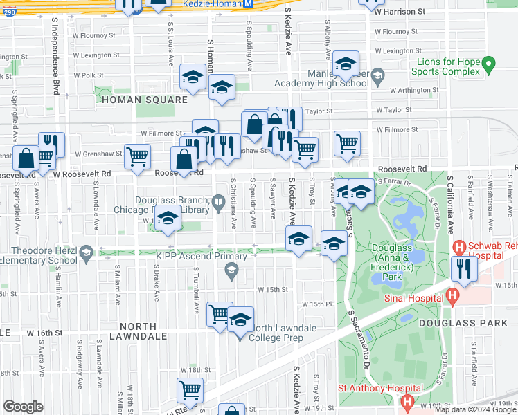 map of restaurants, bars, coffee shops, grocery stores, and more near 1243 South Spaulding Avenue in Chicago
