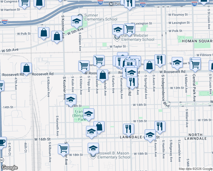 map of restaurants, bars, coffee shops, grocery stores, and more near 1238 South Kedvale Avenue in Chicago