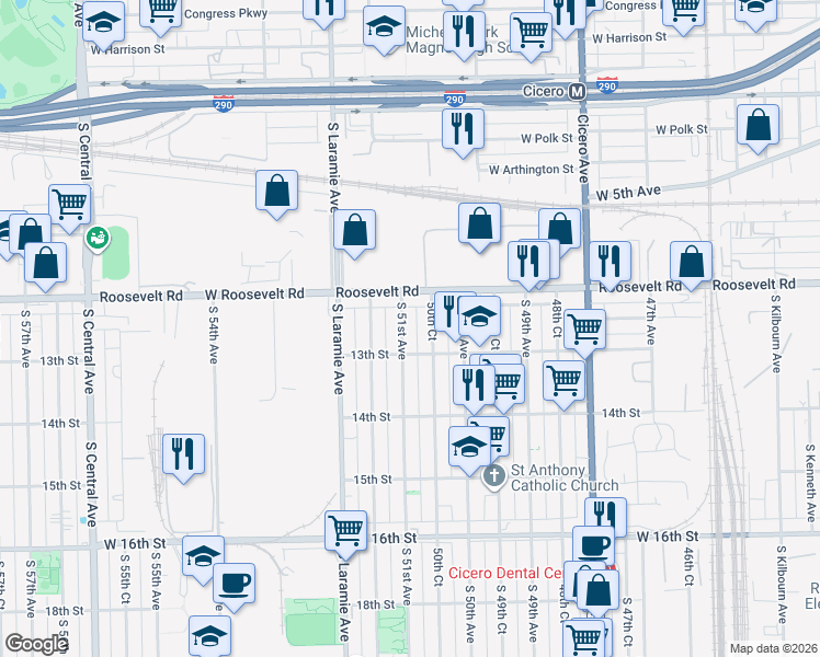 map of restaurants, bars, coffee shops, grocery stores, and more near 1222 50th Court in Cicero