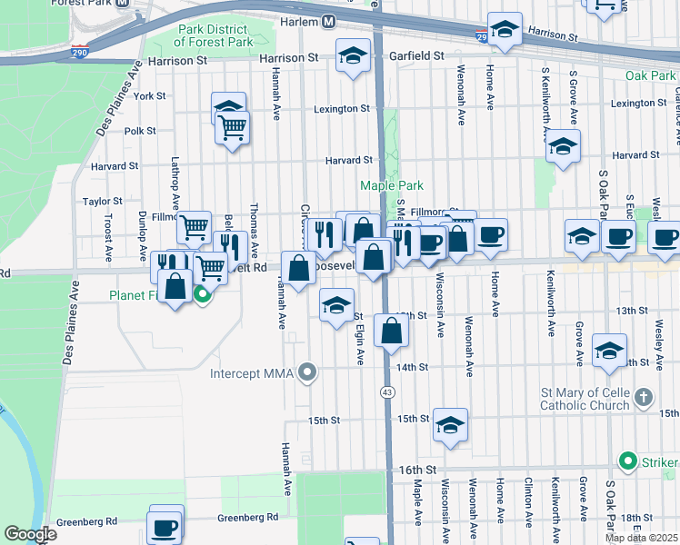 map of restaurants, bars, coffee shops, grocery stores, and more near 7305 Roosevelt Road in Forest Park