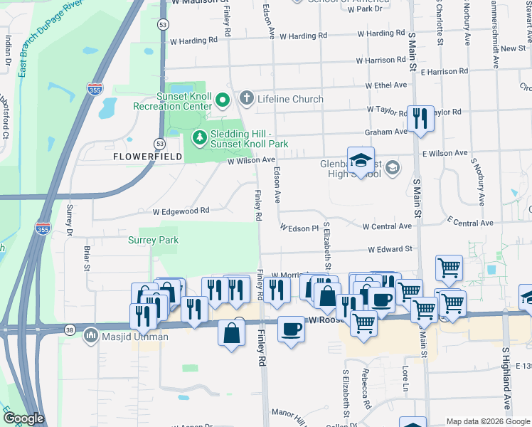 map of restaurants, bars, coffee shops, grocery stores, and more near 1022 South Finley Road in Lombard