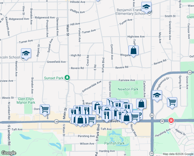 map of restaurants, bars, coffee shops, grocery stores, and more near 151 East Road in Glen Ellyn