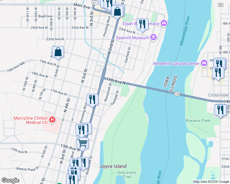 map of restaurants, bars, coffee shops, grocery stores, and more near 1817 Garfield Street in Clinton