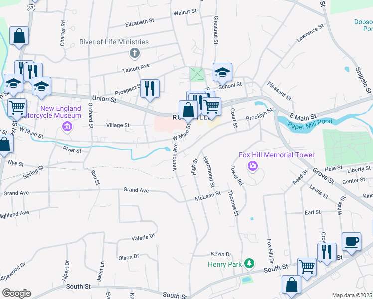 map of restaurants, bars, coffee shops, grocery stores, and more near 114 Brooklyn Street in Vernon