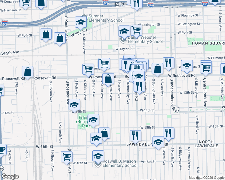 map of restaurants, bars, coffee shops, grocery stores, and more near 1238 South Kedvale Avenue in Chicago