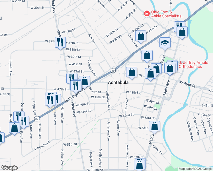 map of restaurants, bars, coffee shops, grocery stores, and more near 806 Center Street in Ashtabula