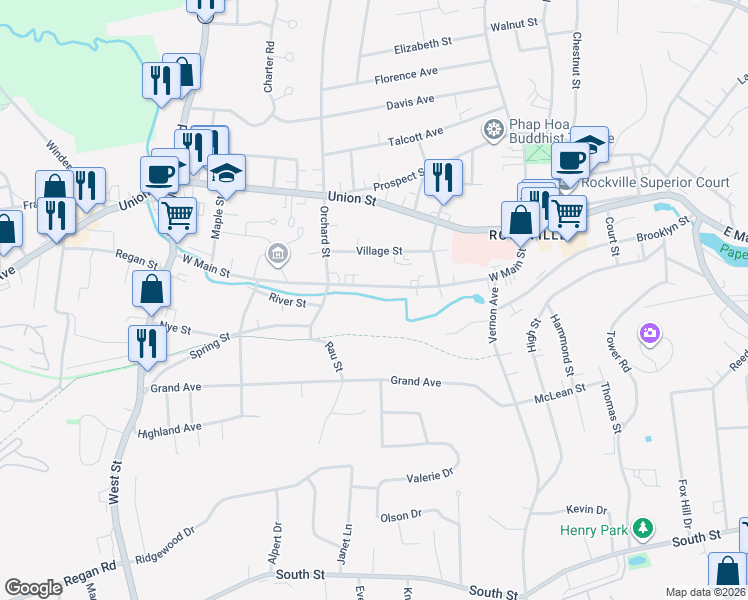 map of restaurants, bars, coffee shops, grocery stores, and more near 155 West Main Street in Vernon